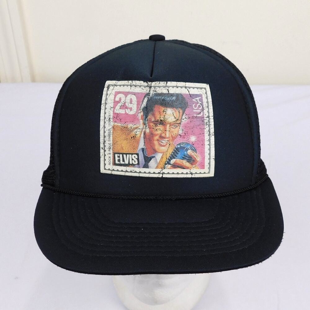 Vintage Elvis Presley Trucker Hat Postage Stamp Graphic Black Adjustable Mesh